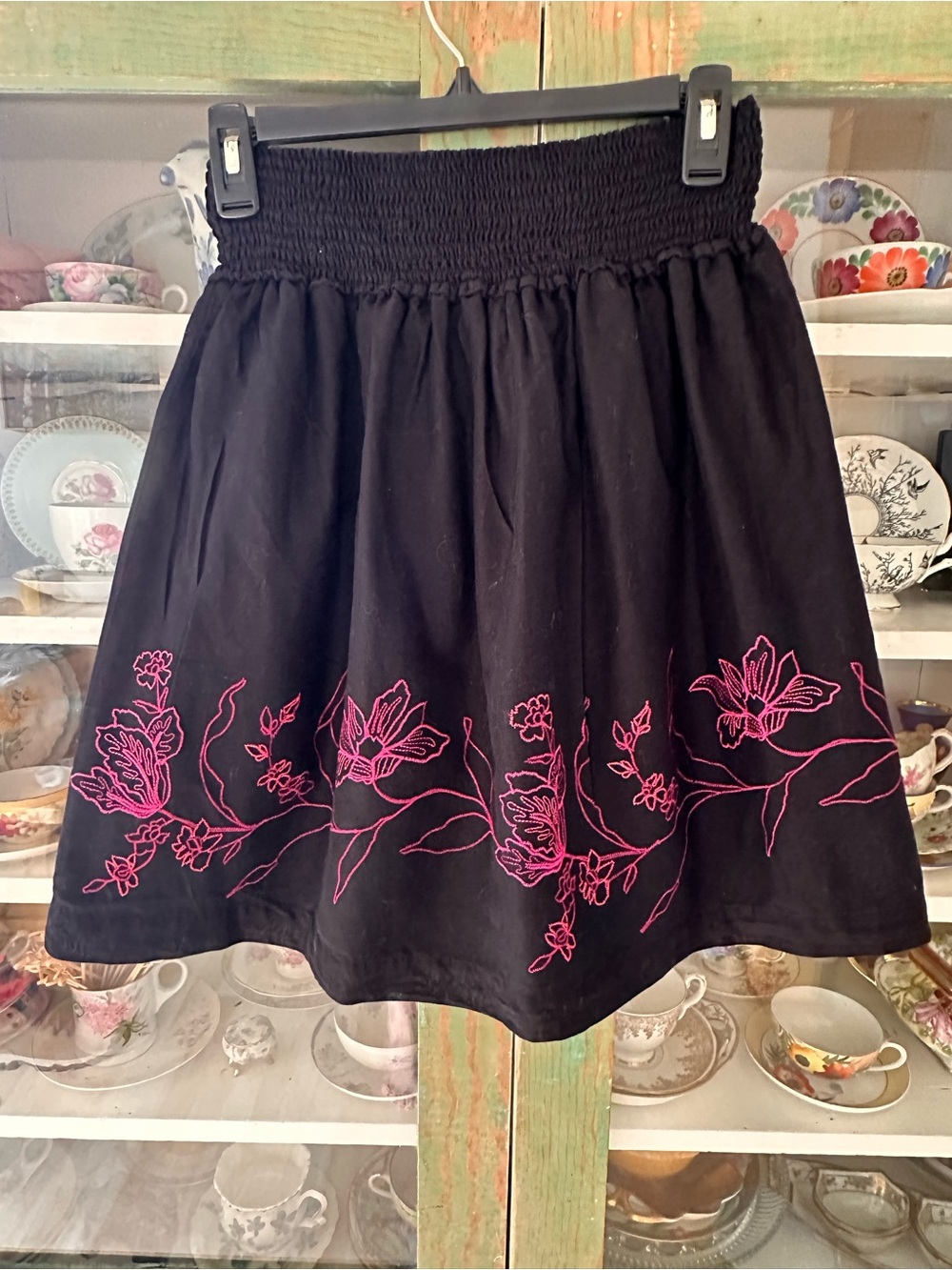 Axcess Black Mini Skirt with Pink Floral Embroidery